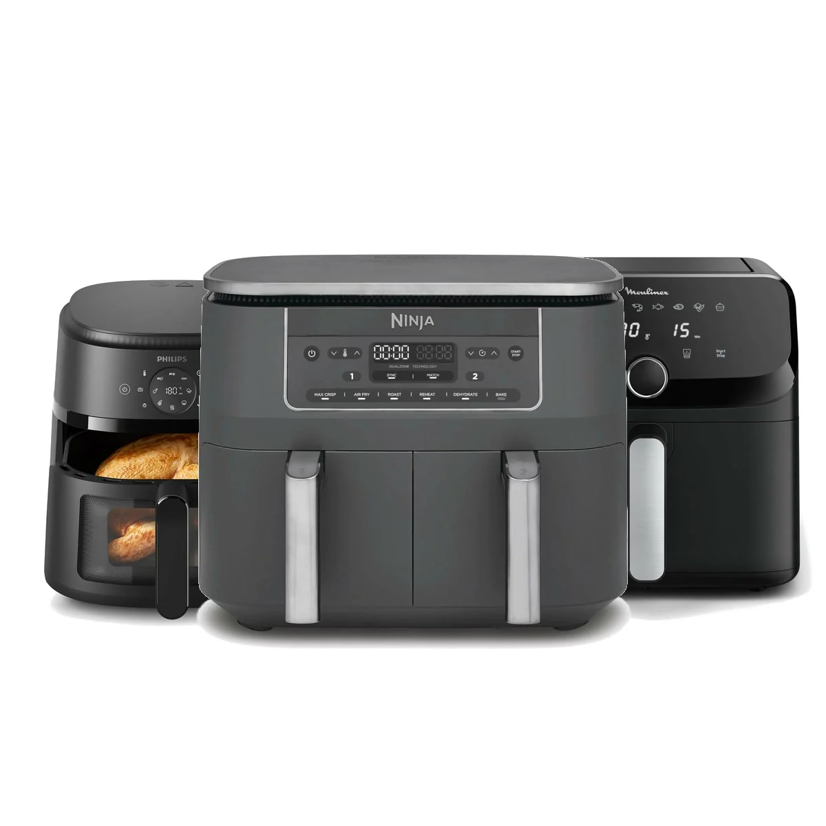 Des air fryers de plusieurs marques, dont le Ninja Dual Zone au centre