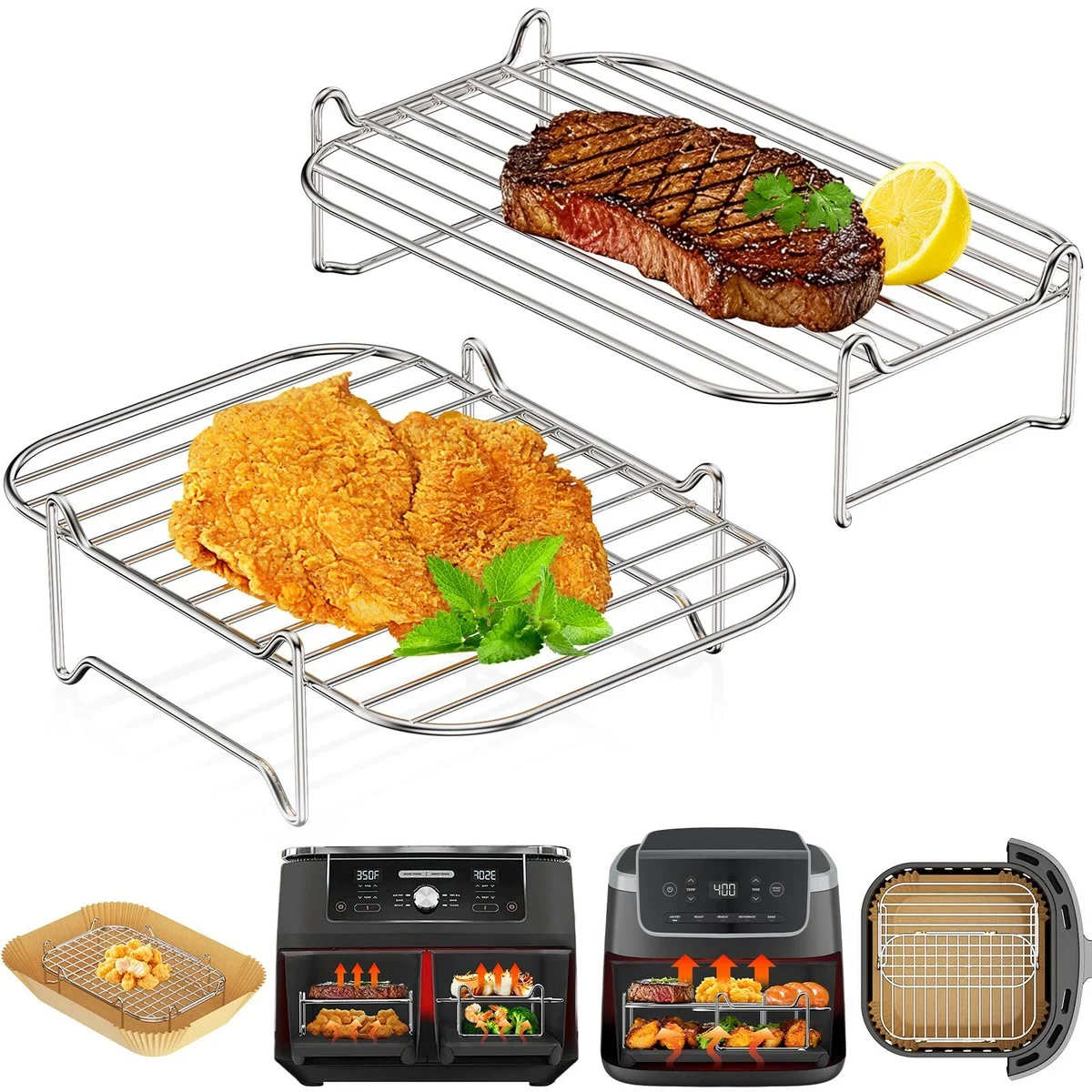 Grilles en inox pour air fryer à 2 tiroirs, lot de 2